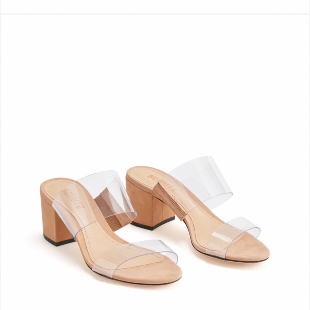 Schutz Victorie Vinyl & Suede Mules Heel Sandals Shoes Women’s Size 8